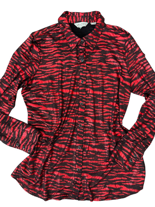 Red Zebra print slinky pearl snap sz XL