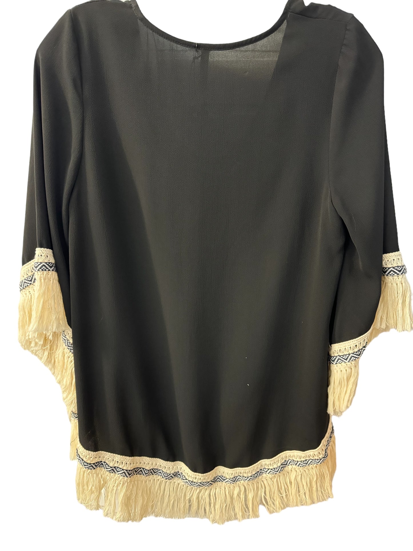 Black blouse with ivory fringe sz Lg