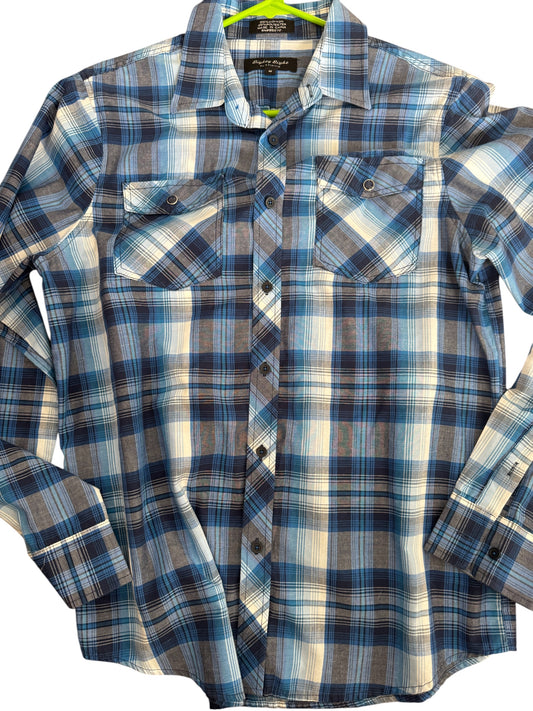 Blue plaid button-up mens M