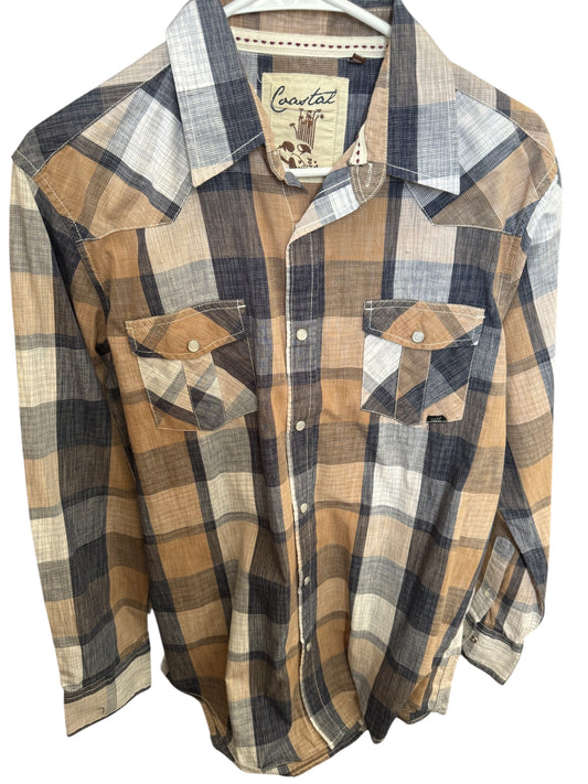 Navy/tan plaid pearl snap sz M