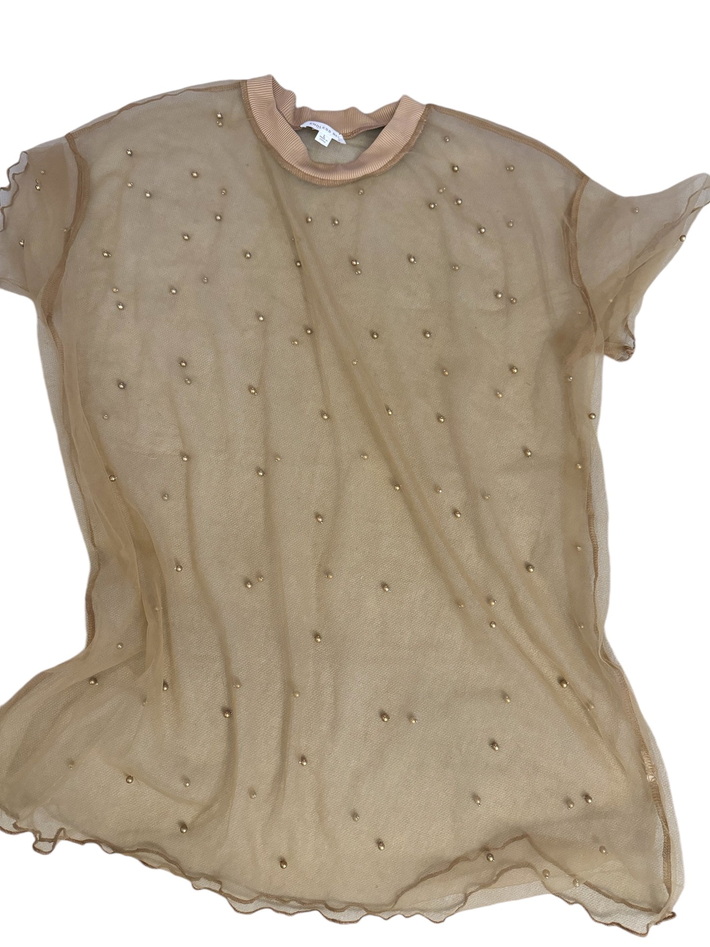 Nude sheer tee with pearls sz L